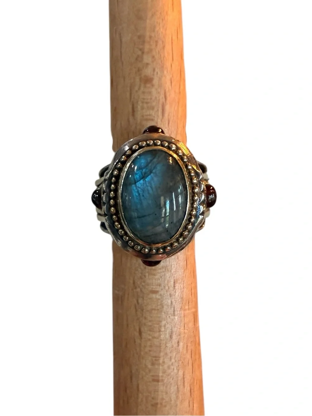 Sterling Silver and Brass Oval Labradorite and Garnet Cabochon Ring sz 6